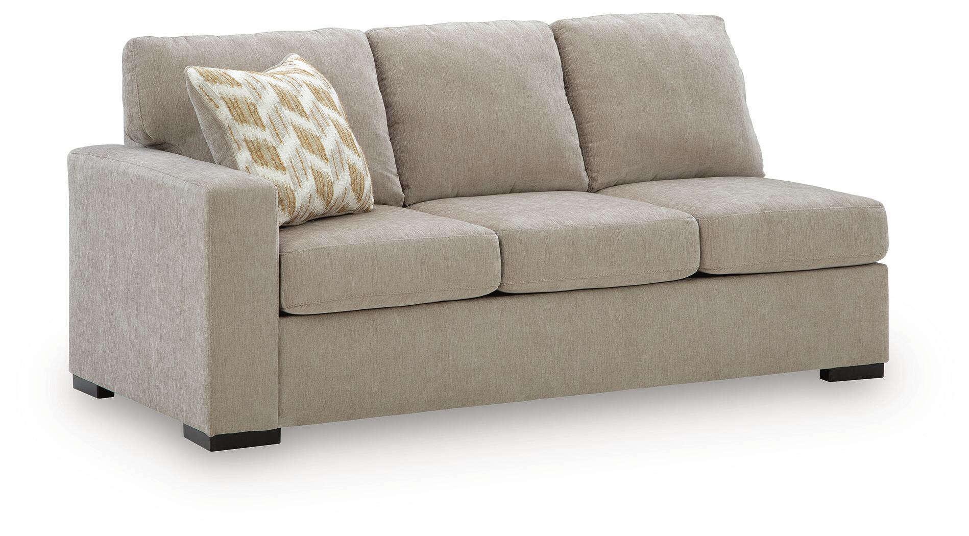 Stone-beige fabric left-arm facing sofa with square arms and black legs