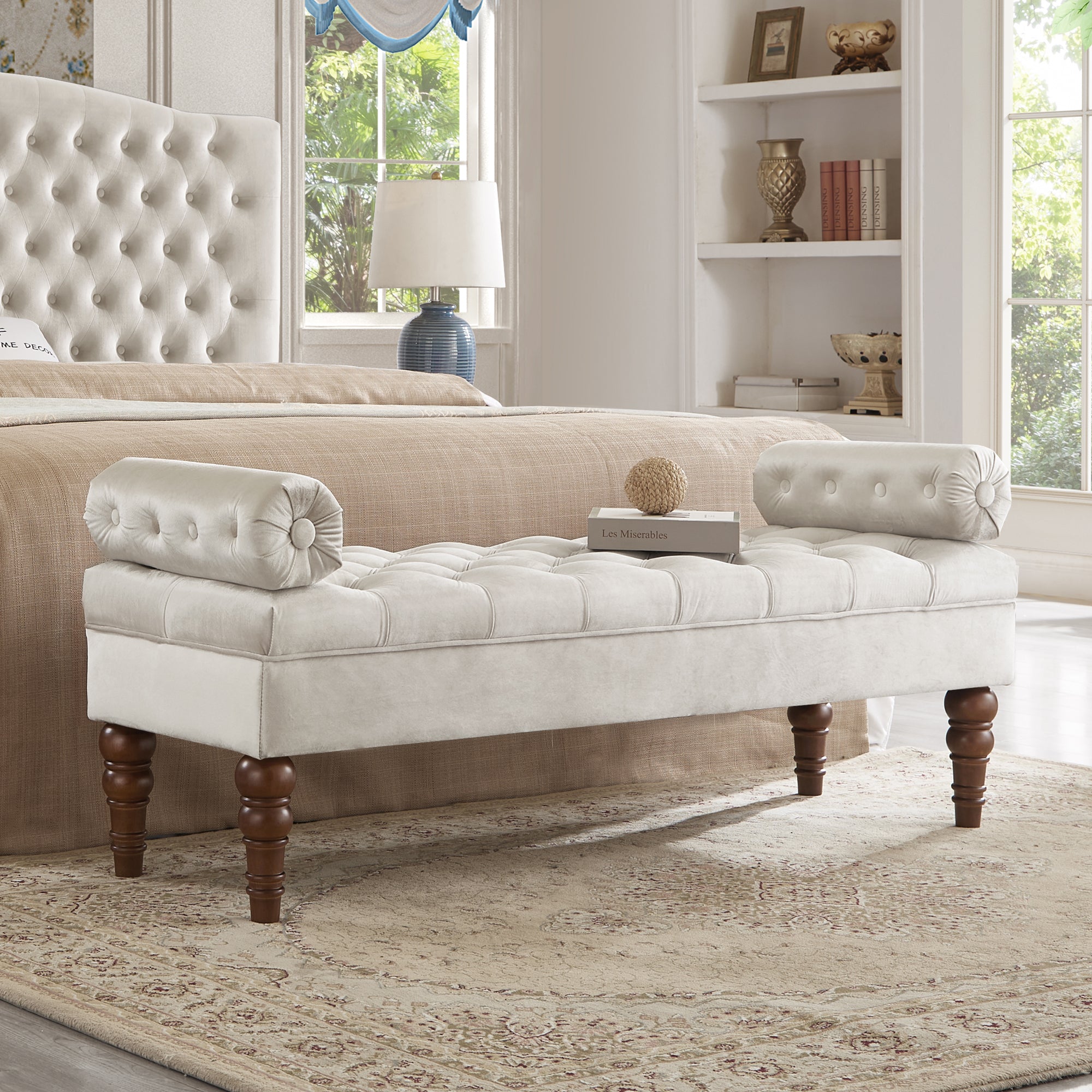 Velvet Tufted Long Bench for Bedroom, Entryway - Champagne