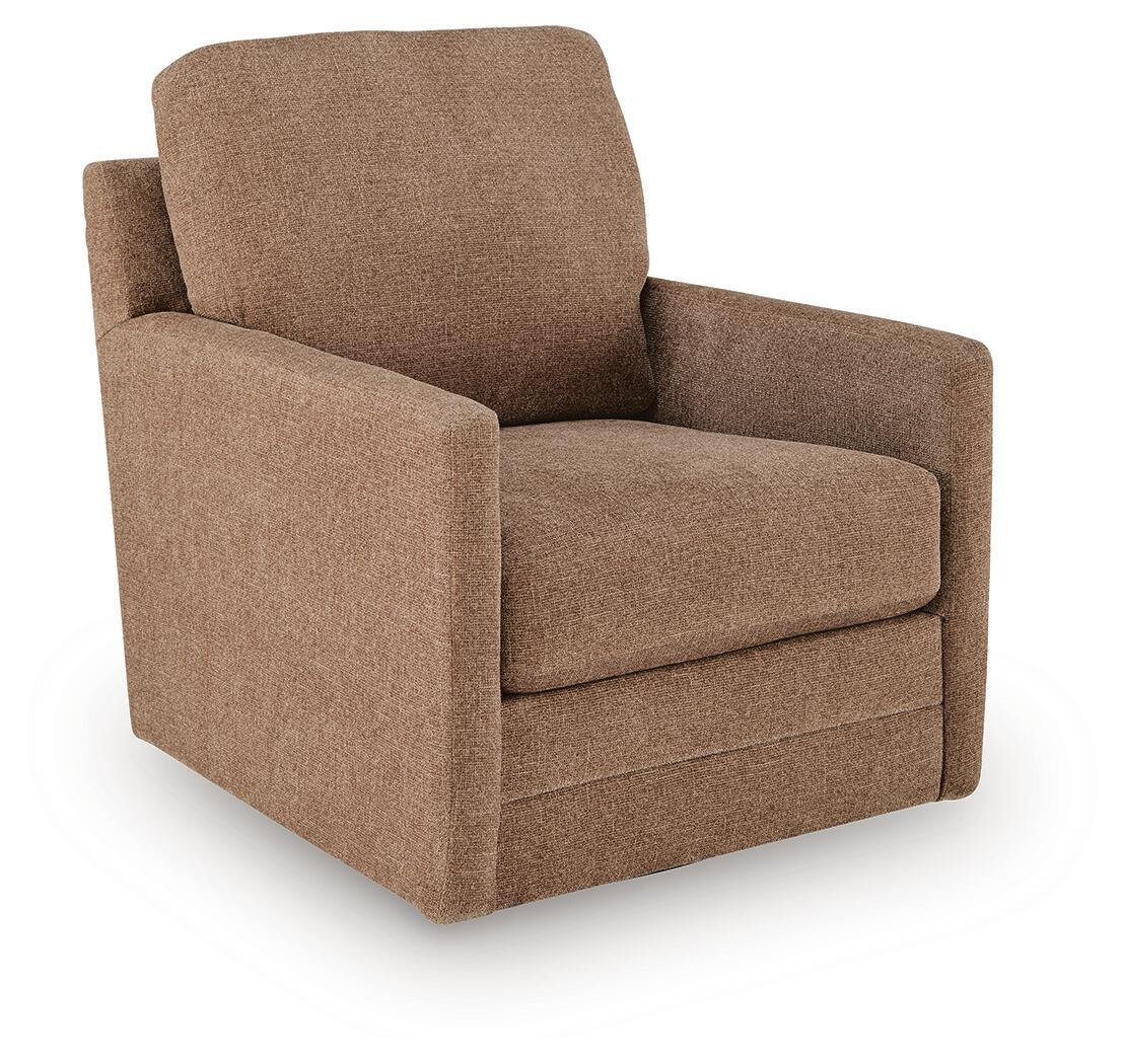 Light brown swivel accent chair with padded arms, seat, and tall backrest.
