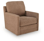 Light brown swivel accent chair with padded arms, seat, and tall backrest.