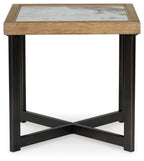 Square end table with light stone-look top and dark wood frame, cross support base