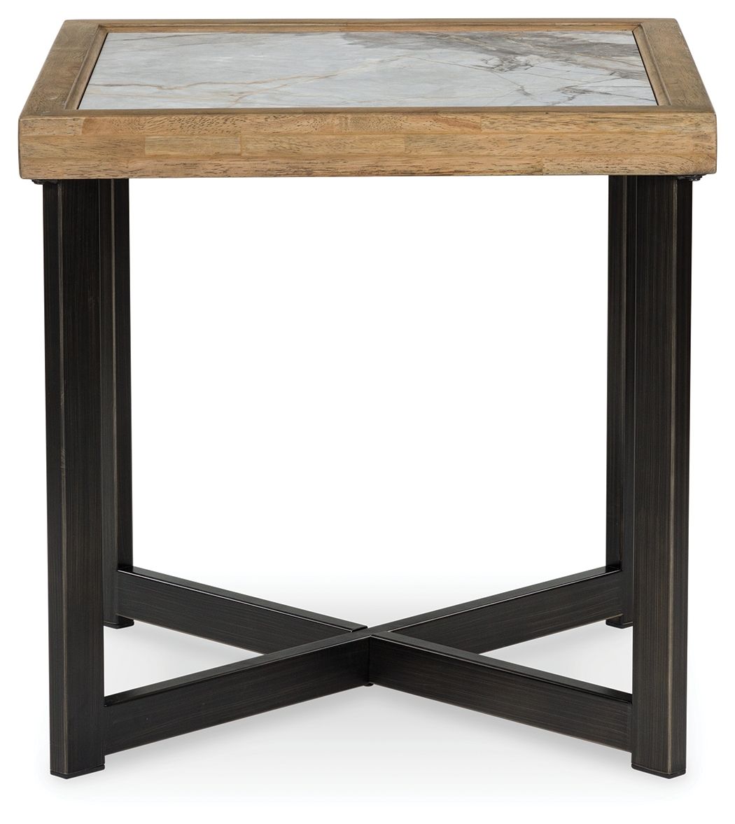 Square end table with light stone-look top and dark wood frame, cross support base