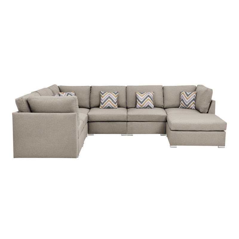 Amira - Reversible Modular Sectional Fabric Sofa With Ottoman And Pillows - Beige