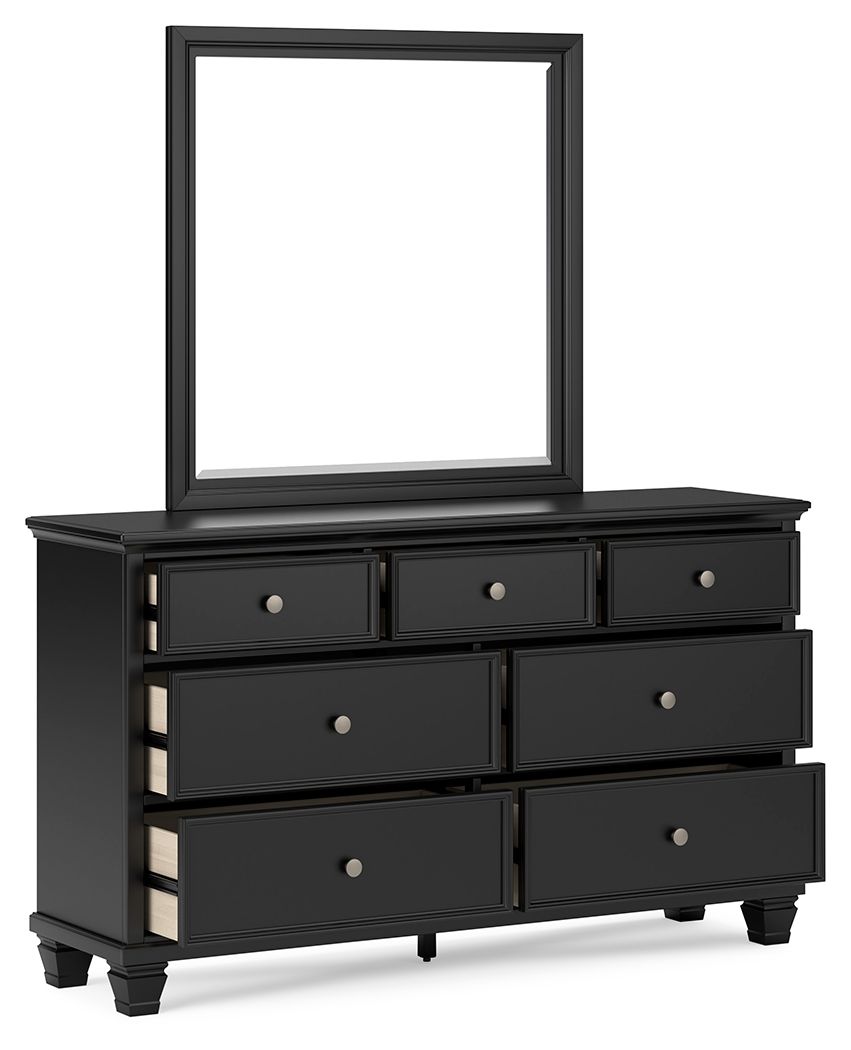 Black dresser with mirror and three drawer tiers, silver knobs, four turned legs