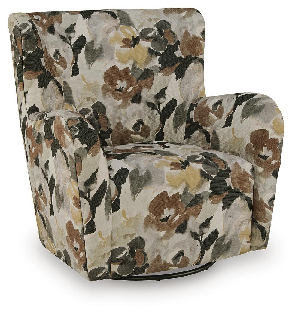Floral swivel glider accent chair in light beige with brown, black, and gray blooms