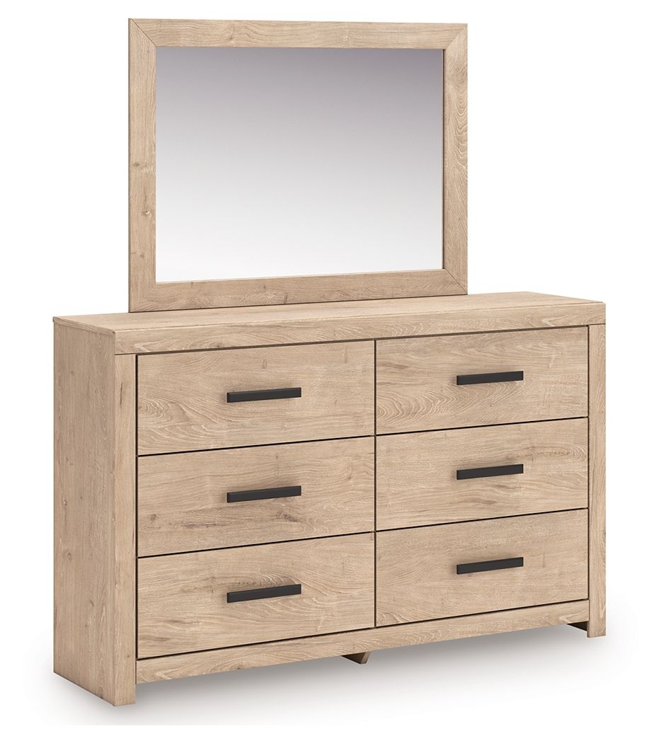 Tan dresser with mirror and six drawers, flat black bar pulls