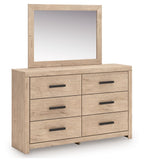 Tan dresser with mirror and six drawers, flat black bar pulls