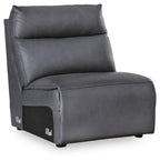 Dark blue armless chair with padded backrest and stitched cushion seat