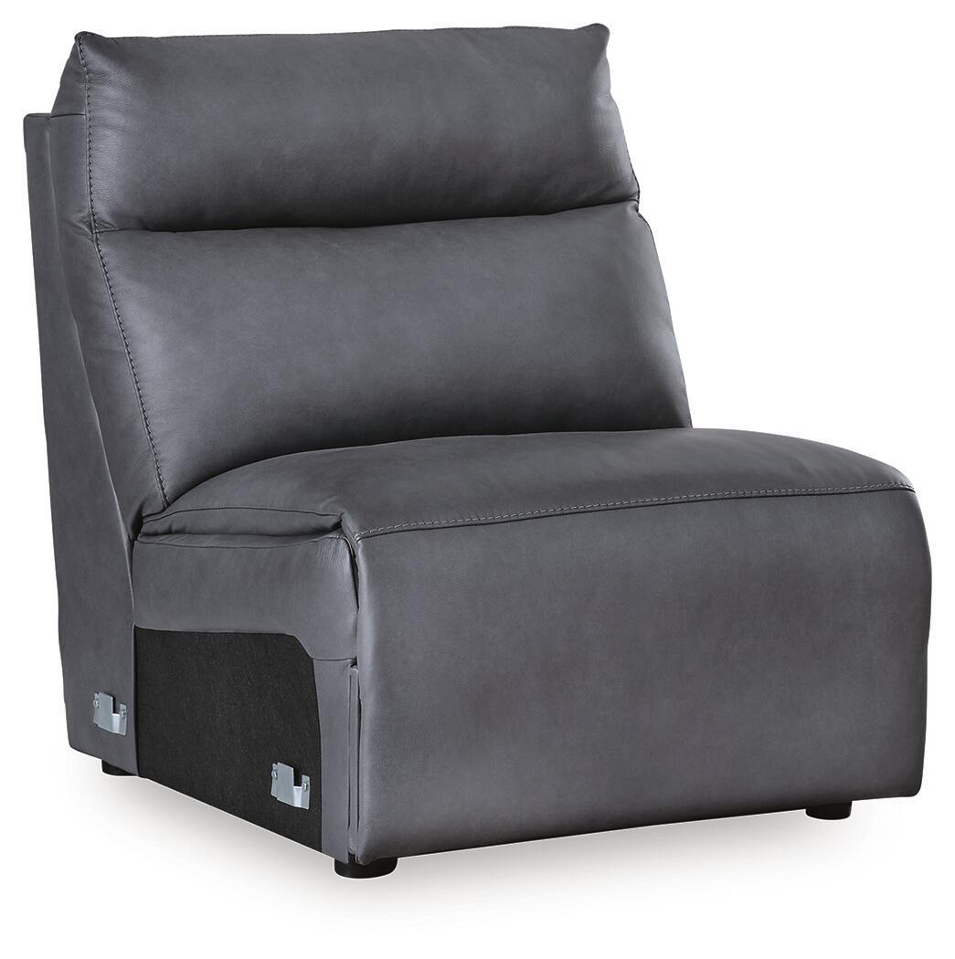 Dark blue armless chair with padded backrest and stitched cushion seat