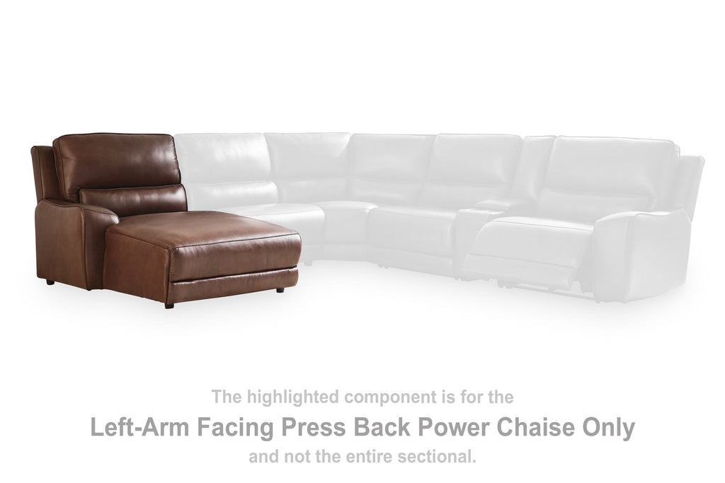 Brown leather left-arm facing press-back power chaise with short seat