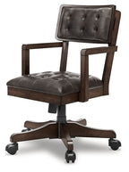 Dark brown tufted office chair with armrests and padded seat, swivel base