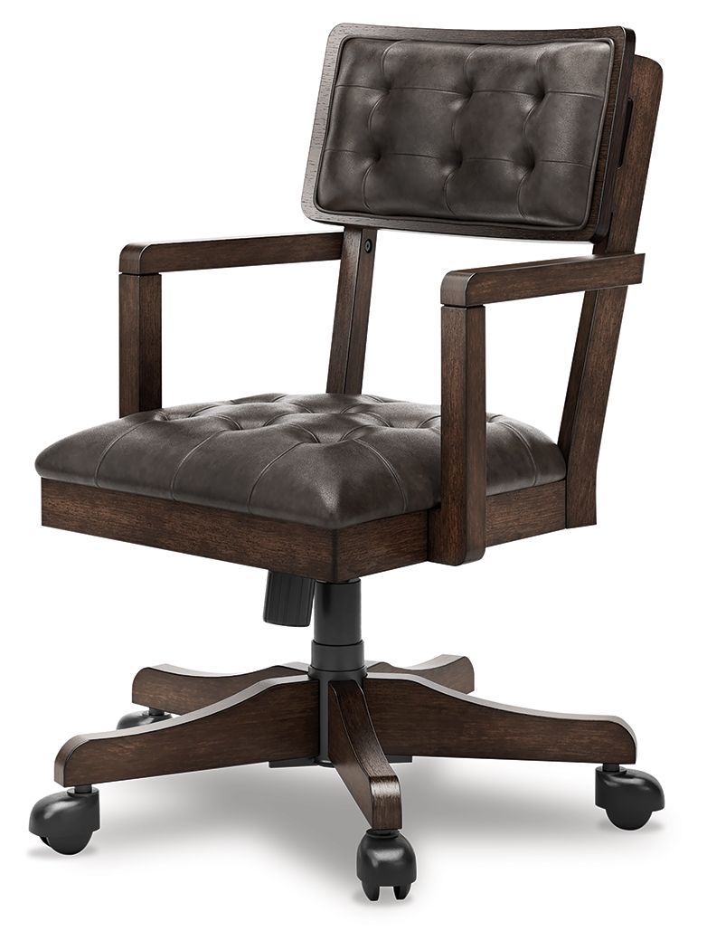 Dark brown tufted office chair with armrests and padded seat, swivel base