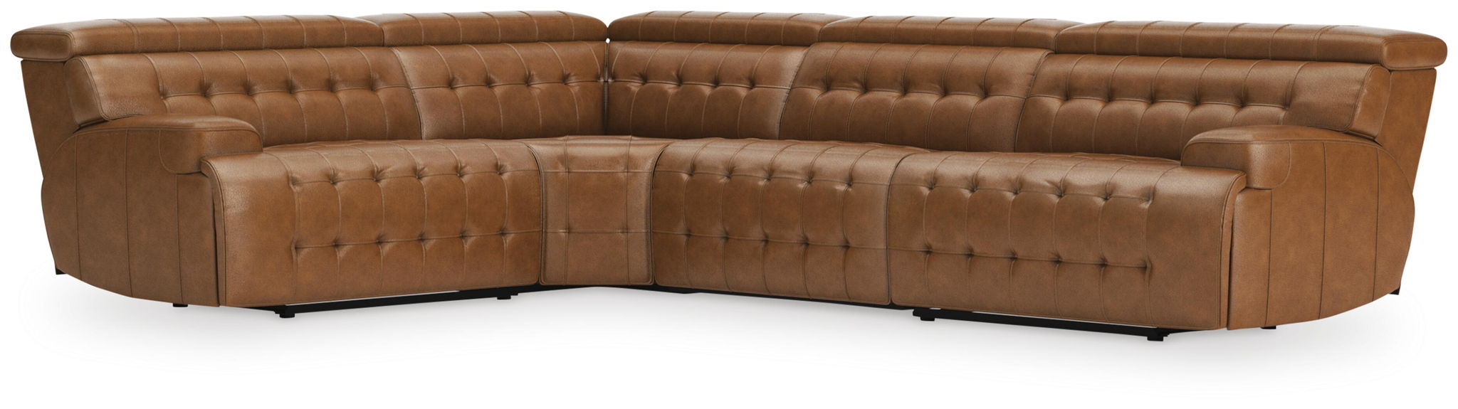 Chocolate brown reclining sectional sofa with tufted cushions and rounded arms