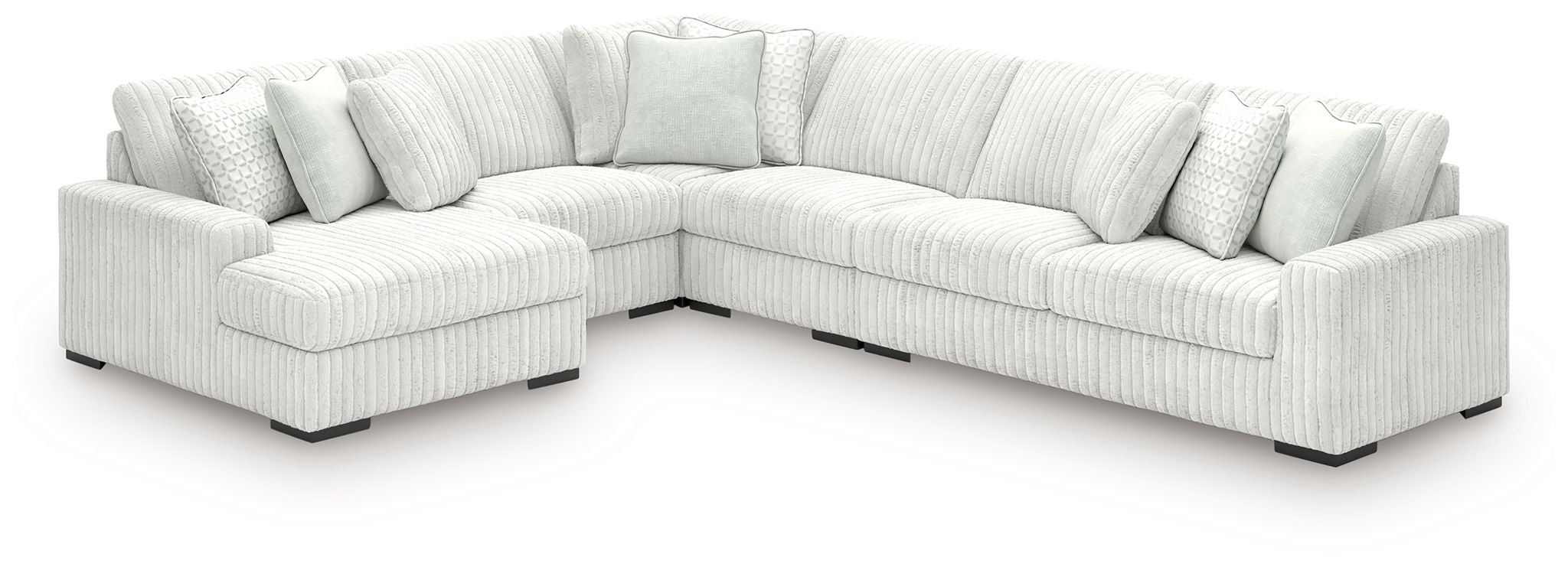 Off-white striped sectional sofa with chaise corner and low black feet.