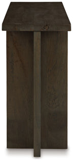 Grayish brown console sofa table side view with straight legs and squared top