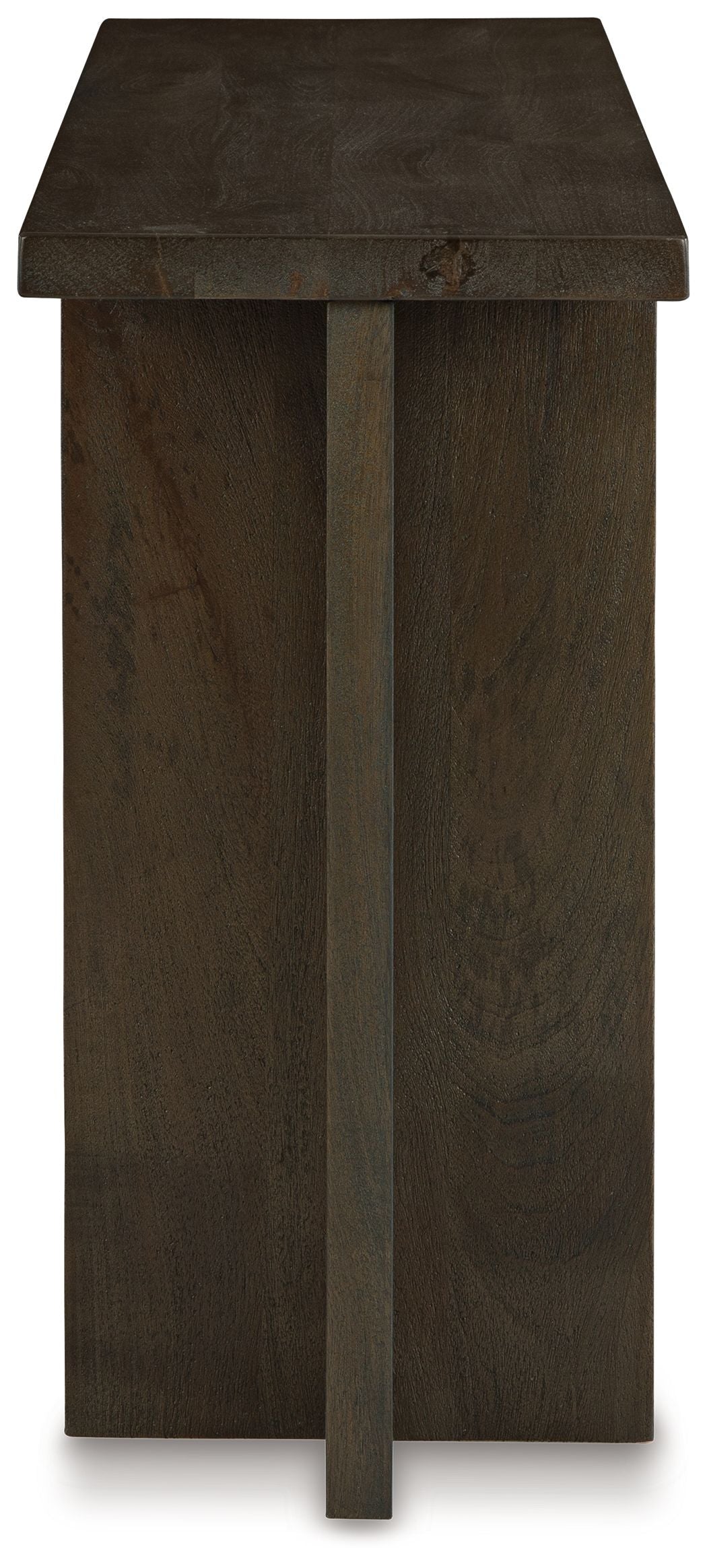 Grayish brown console sofa table side view with straight legs and squared top