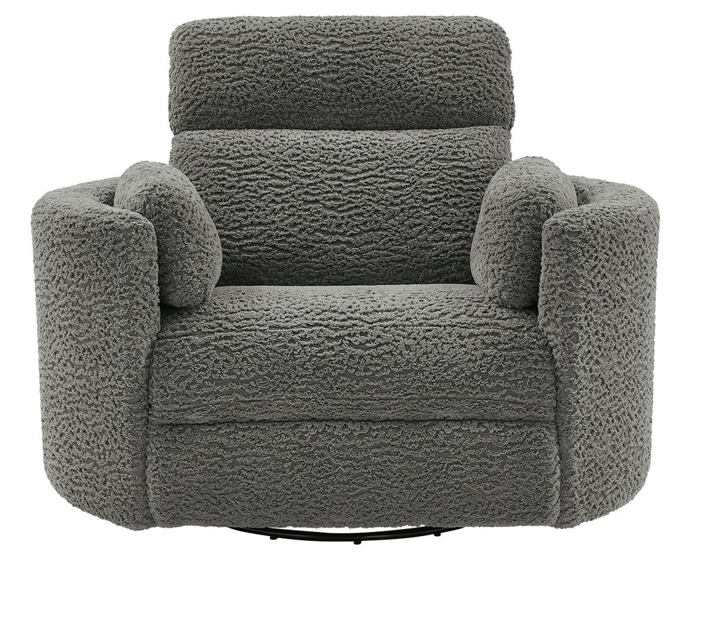 Swivel glider recliner chair in dark gray with rounded arms and padded backrest