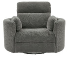 Swivel glider recliner chair in dark gray with rounded arms and padded backrest