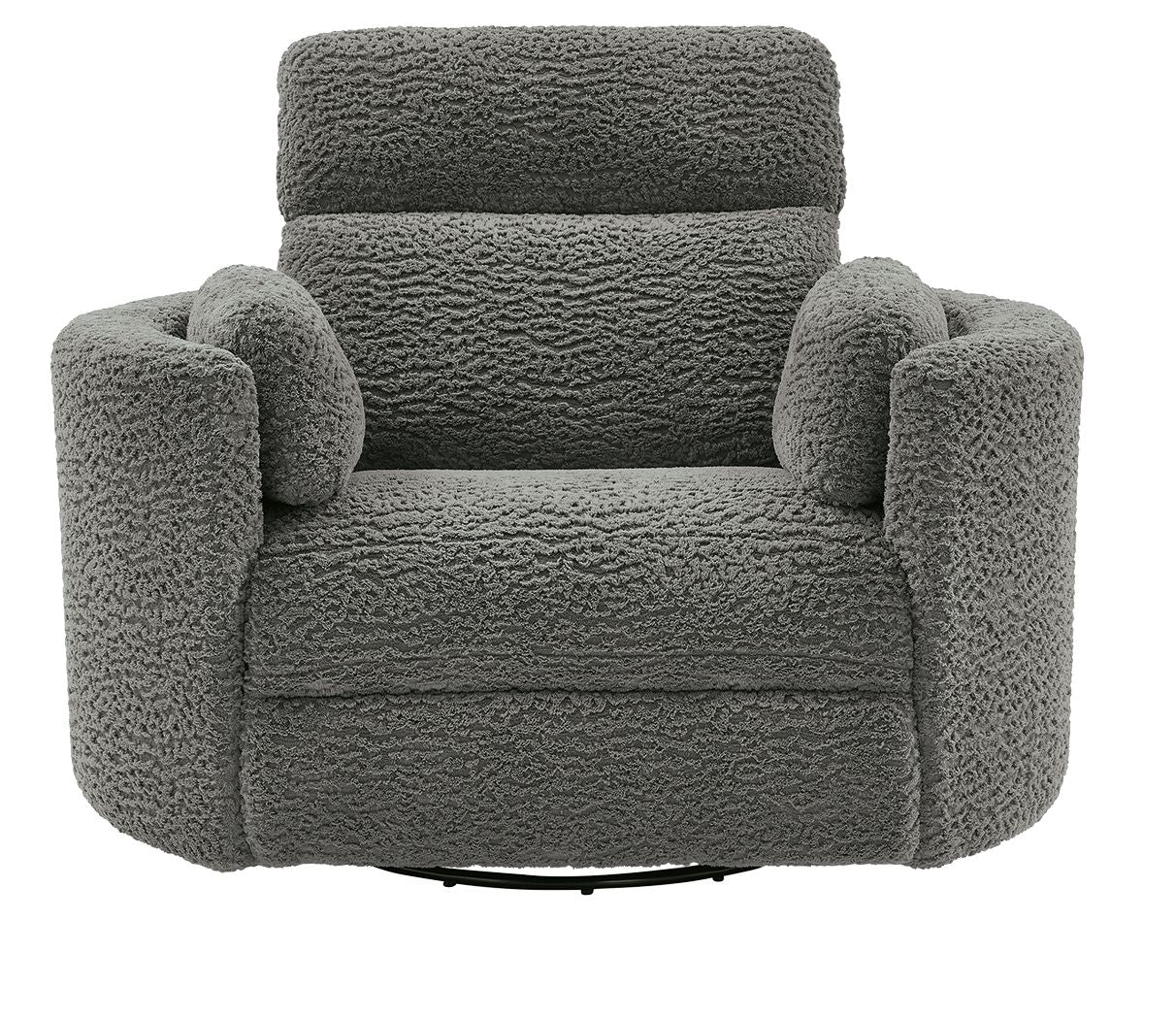 Swivel glider recliner chair in dark gray with rounded arms and padded backrest