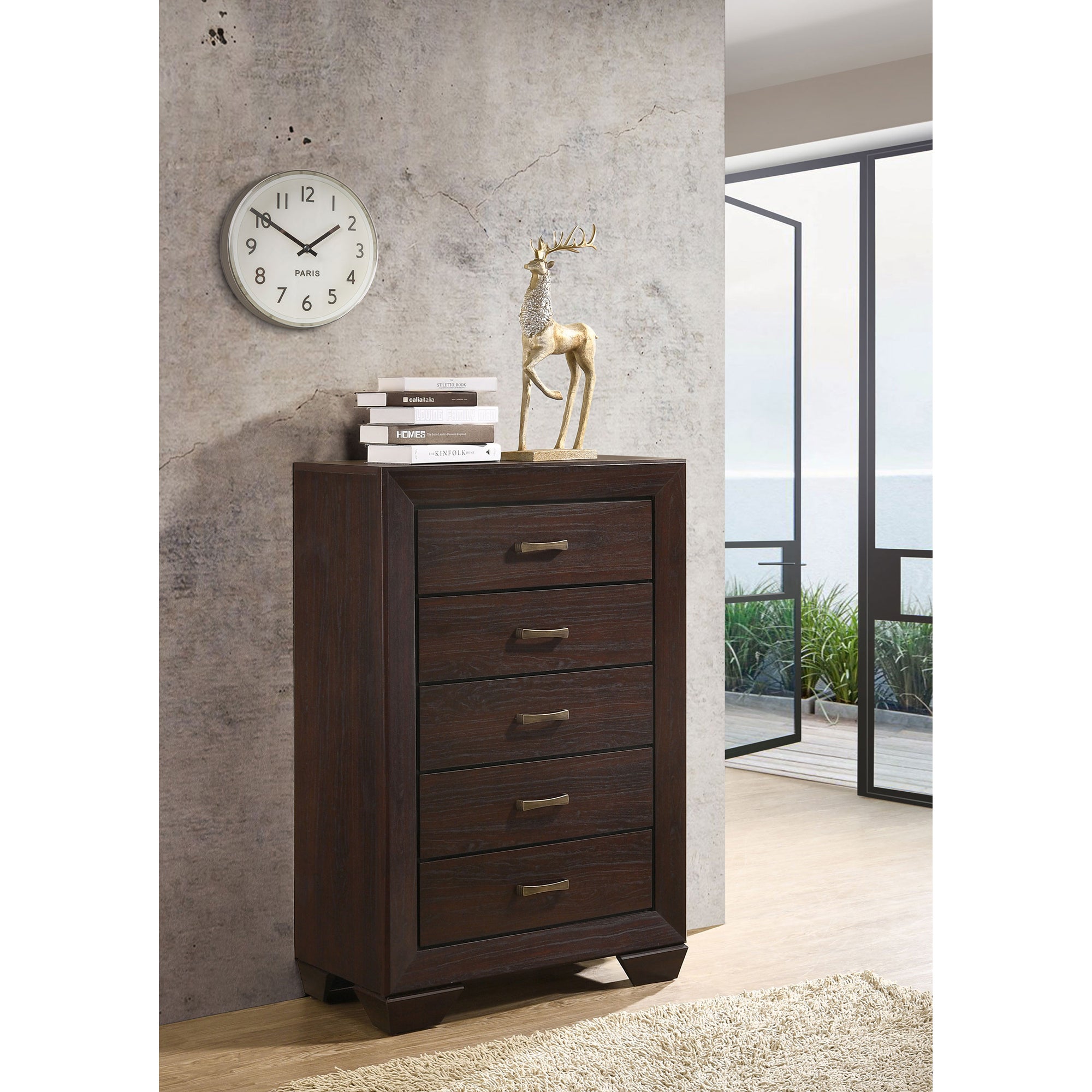 Hadfield Dark Cocoa 5-Drawer Chest, Elegant Bedroom Furniture