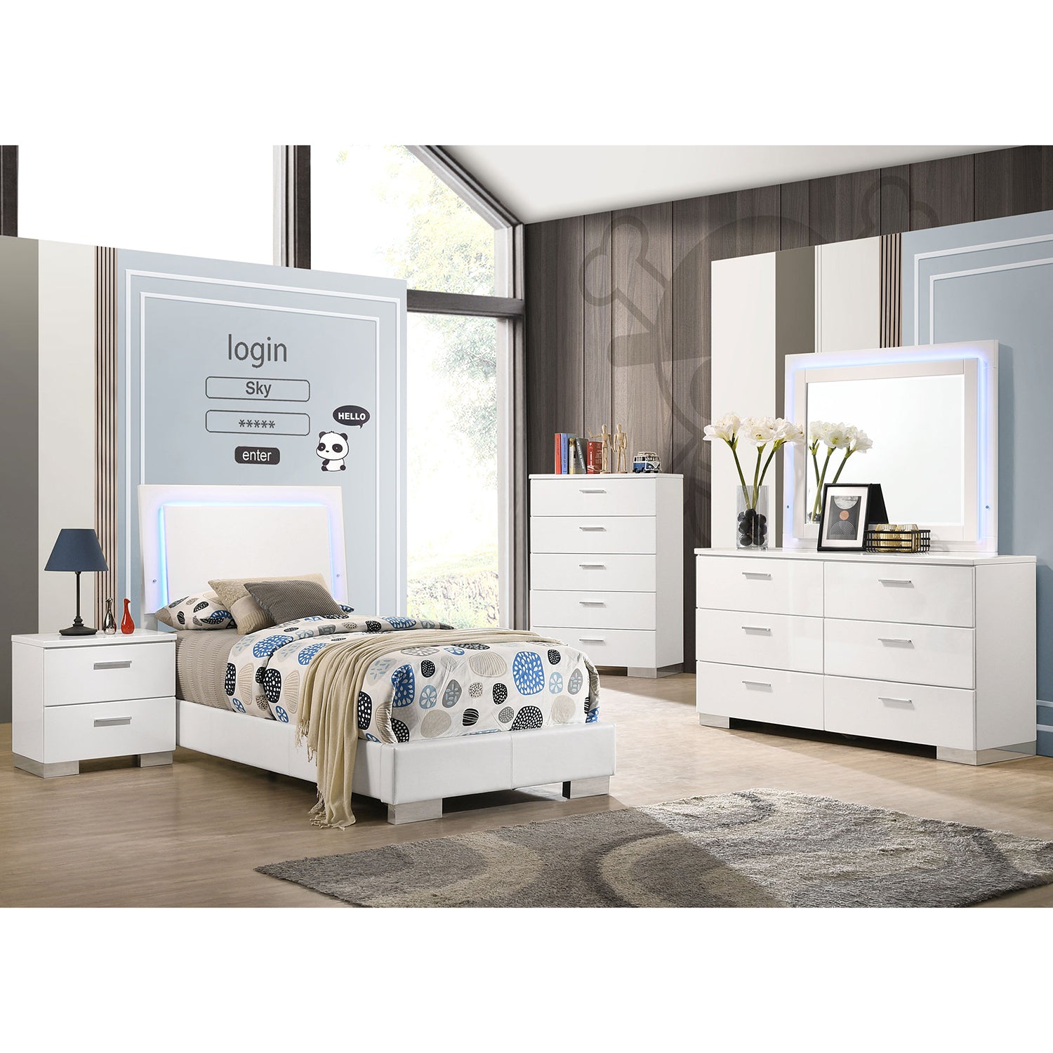 Dulcey White High Gloss 5-Piece Twin Bedroom Set - Modern, Stylish