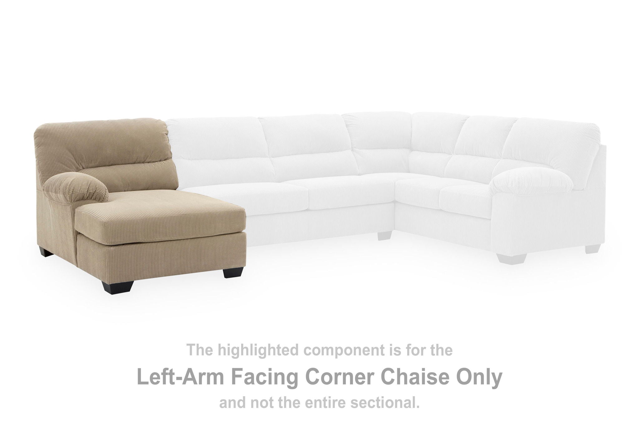Sand left-arm corner chaise with curved back, box seat cushions, dark legs
