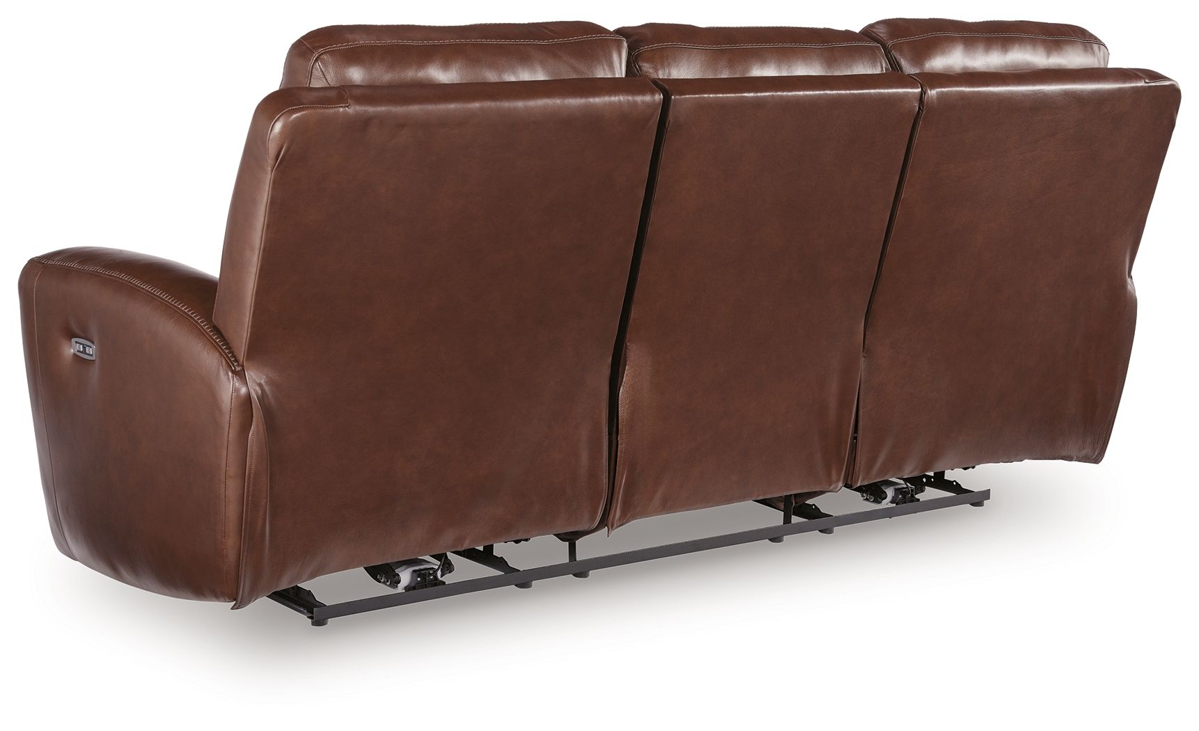 Dark brown power reclining sofa showing reclined footrest and adjustable headrests