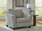 Taupe chair-and-a-half armchair with rounded arms and high back cushion, dark legs