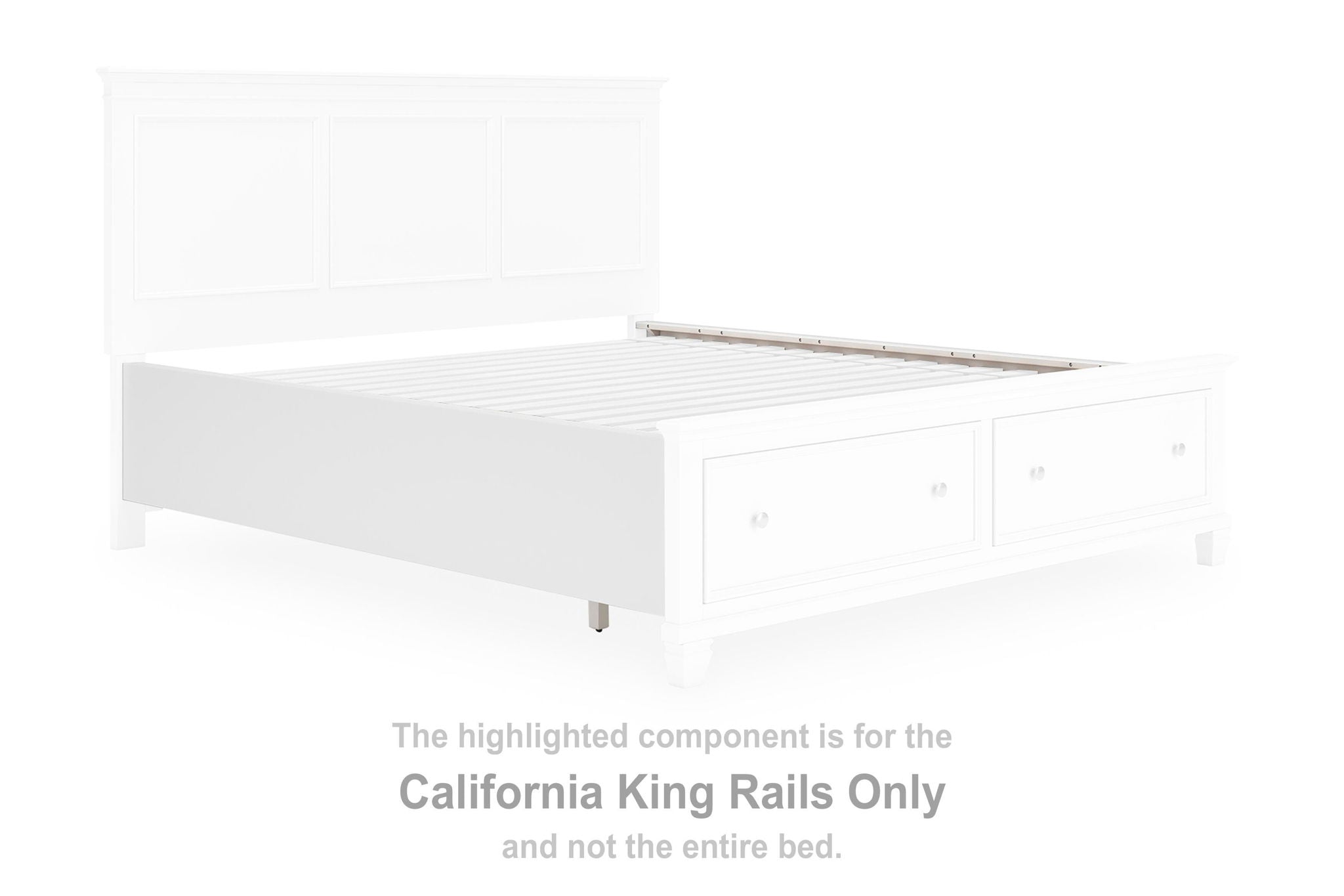 White California King bed rail for a platform bed, shown with matching posts.