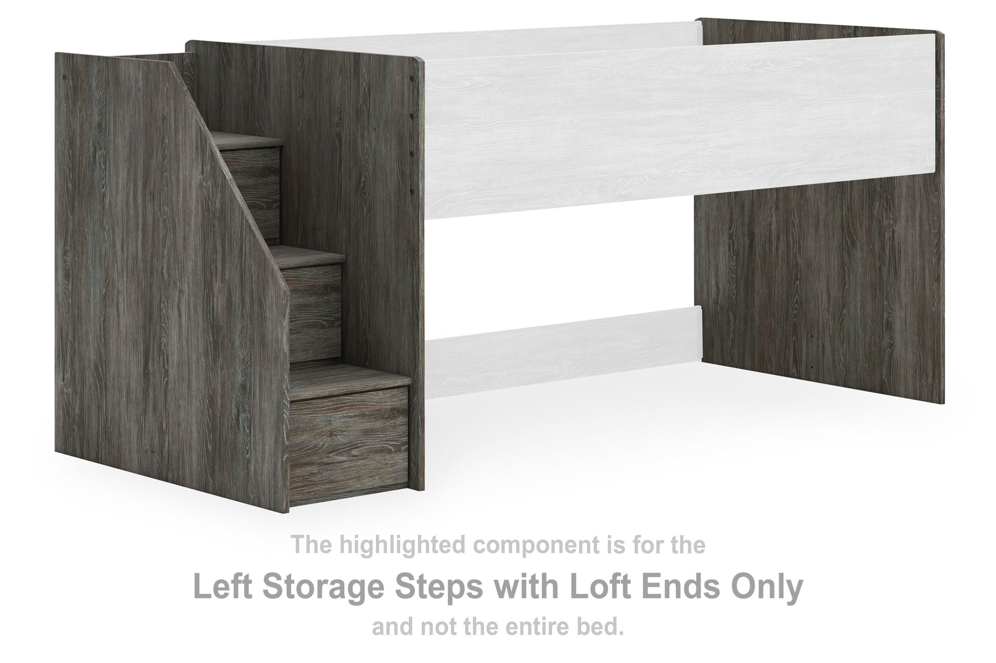 Gray left storage steps with loft ends, open shelving and step cubbies