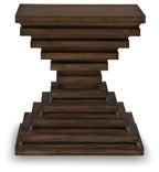 Warm brown square end table with inset pedestal legs and wood top