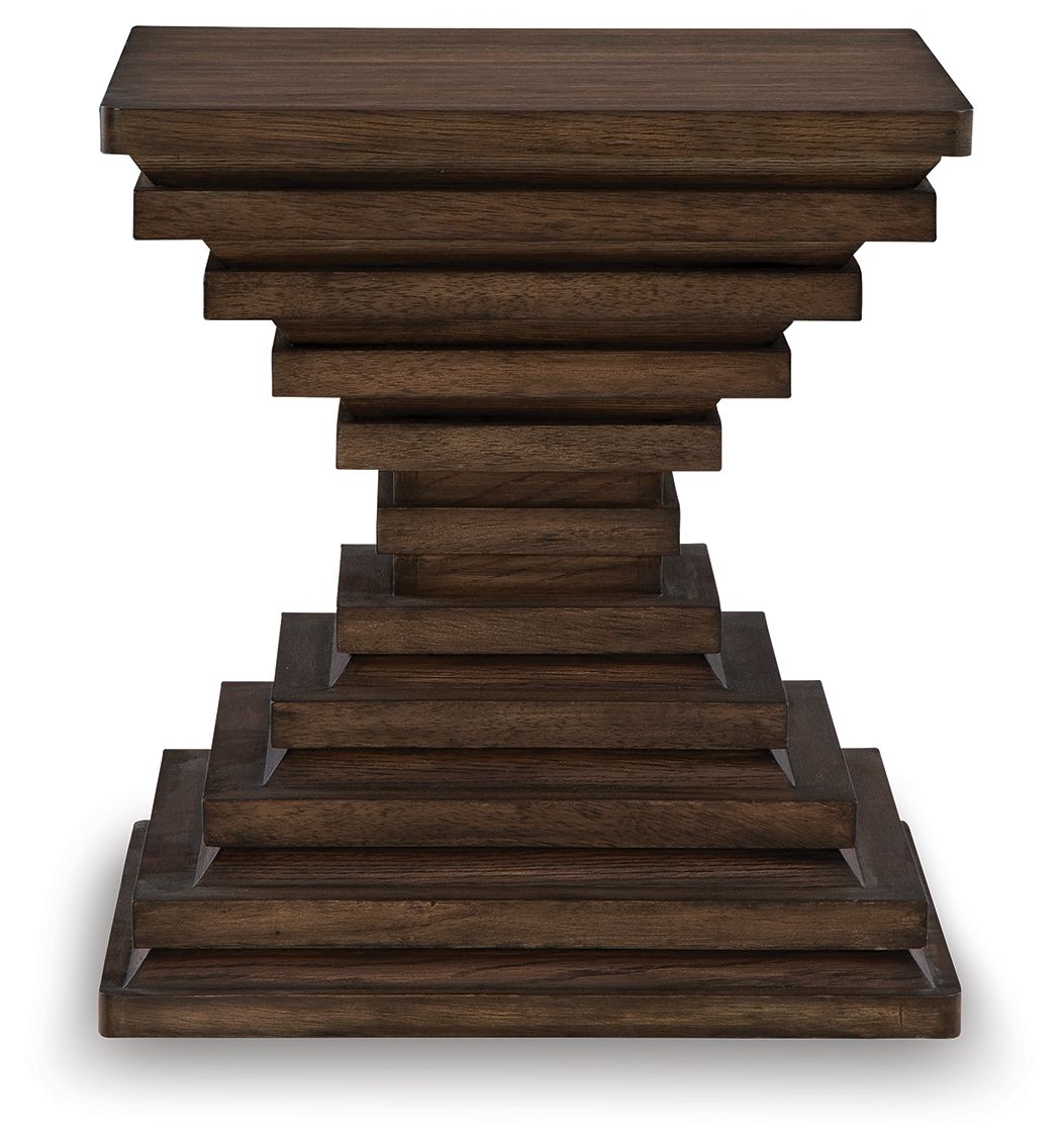 Warm brown square end table with inset pedestal legs and wood top