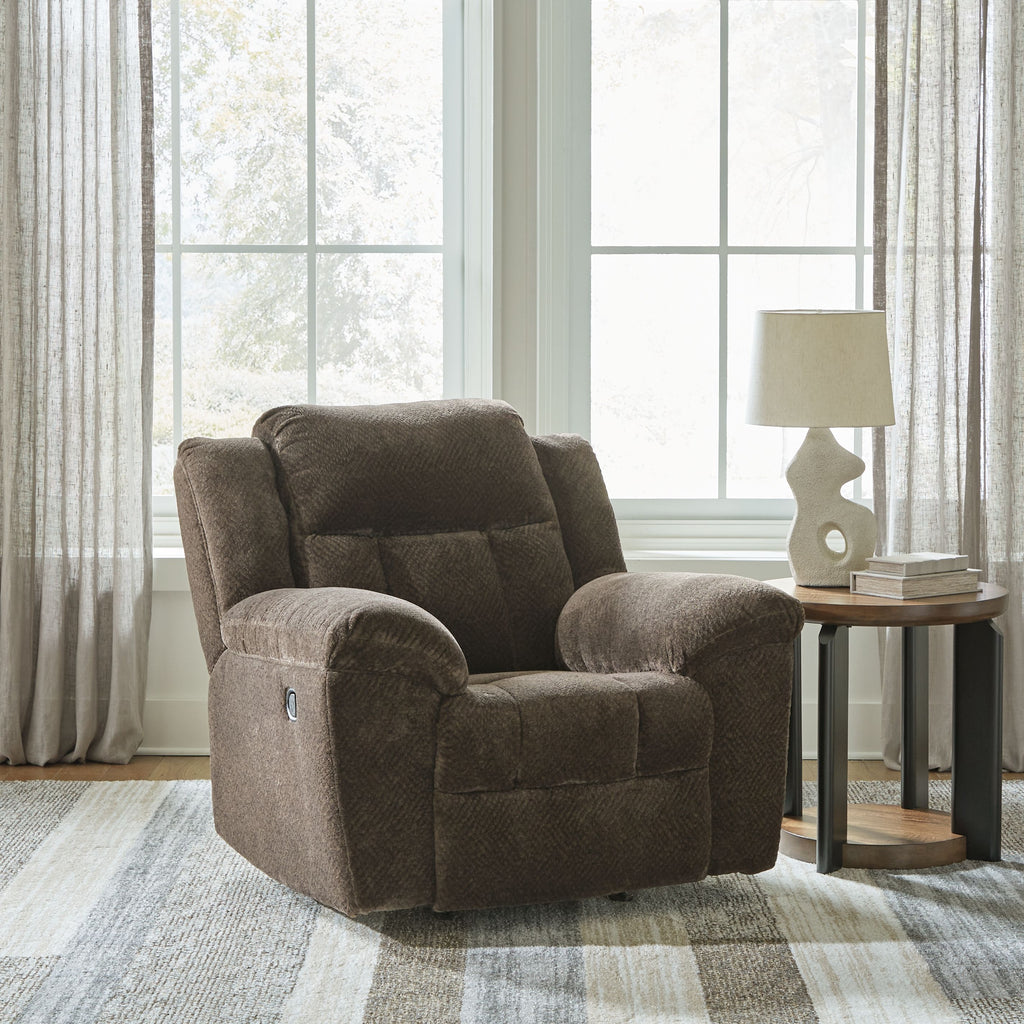 Chocolate fabric rocker recliner chair with tufted back and extended footrest