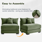 Green corduroy sectional sofa with matching ottoman-style seat in corner layout