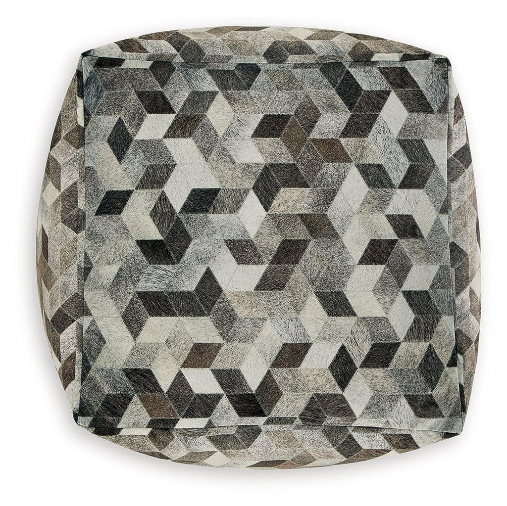 Square pouf ottoman upholstered in geometric cube pattern, gray and black
