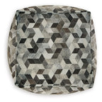Square pouf ottoman upholstered in geometric cube pattern, gray and black
