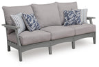 Gray outdoor sofa with cushions and striped floral throw pillows