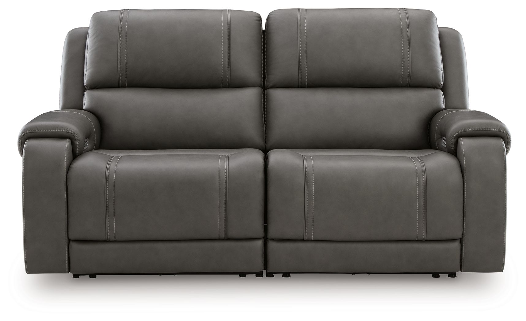 Dark gray power reclining loveseat with two wide seats, padded arms, and button-tufted backs