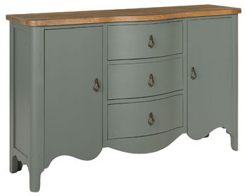 Antique green accent cabinet with wooden top, two drawers, scalloped skirt and cabriole legs