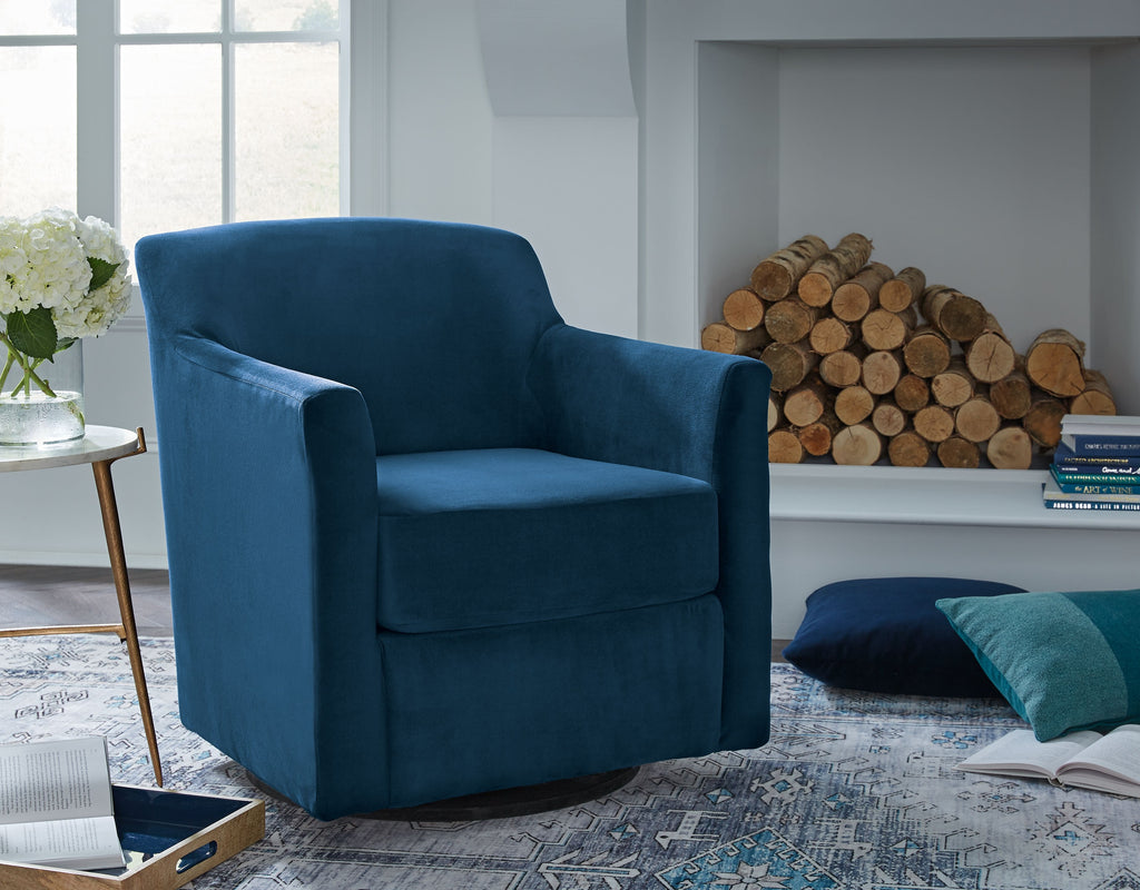 Blue swivel accent chair with thick cushions, rolled arms, and rounded backrest