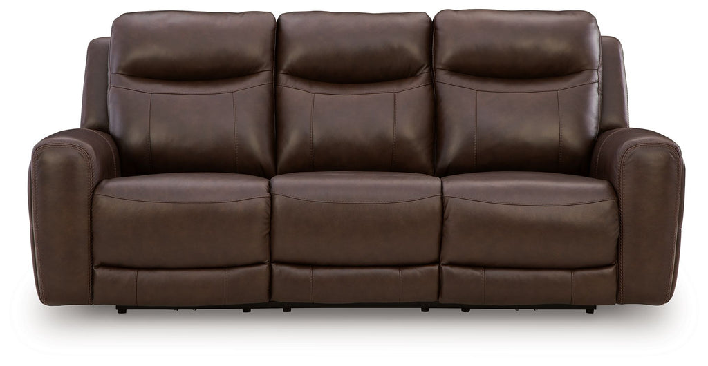 Gravier power reclining sofa with adjustable headrests, dark brown leather, three-seat front