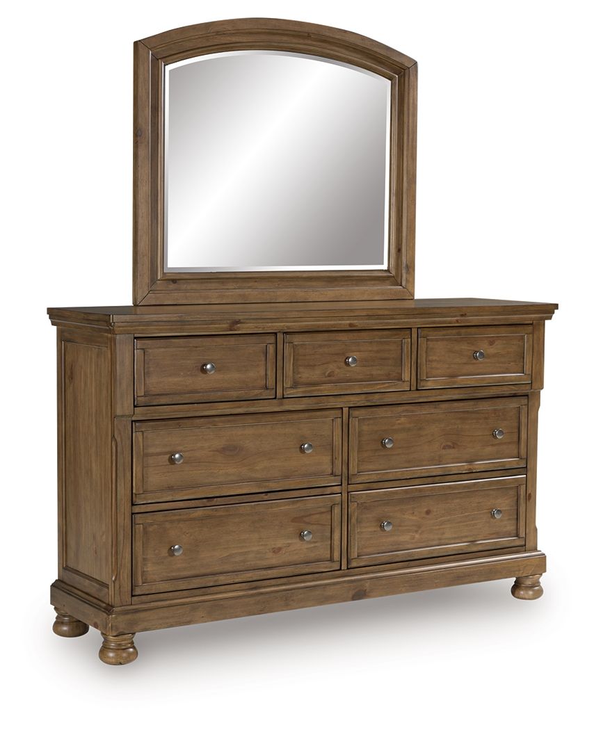 Medium brown dresser with arched mirror and drawer fronts