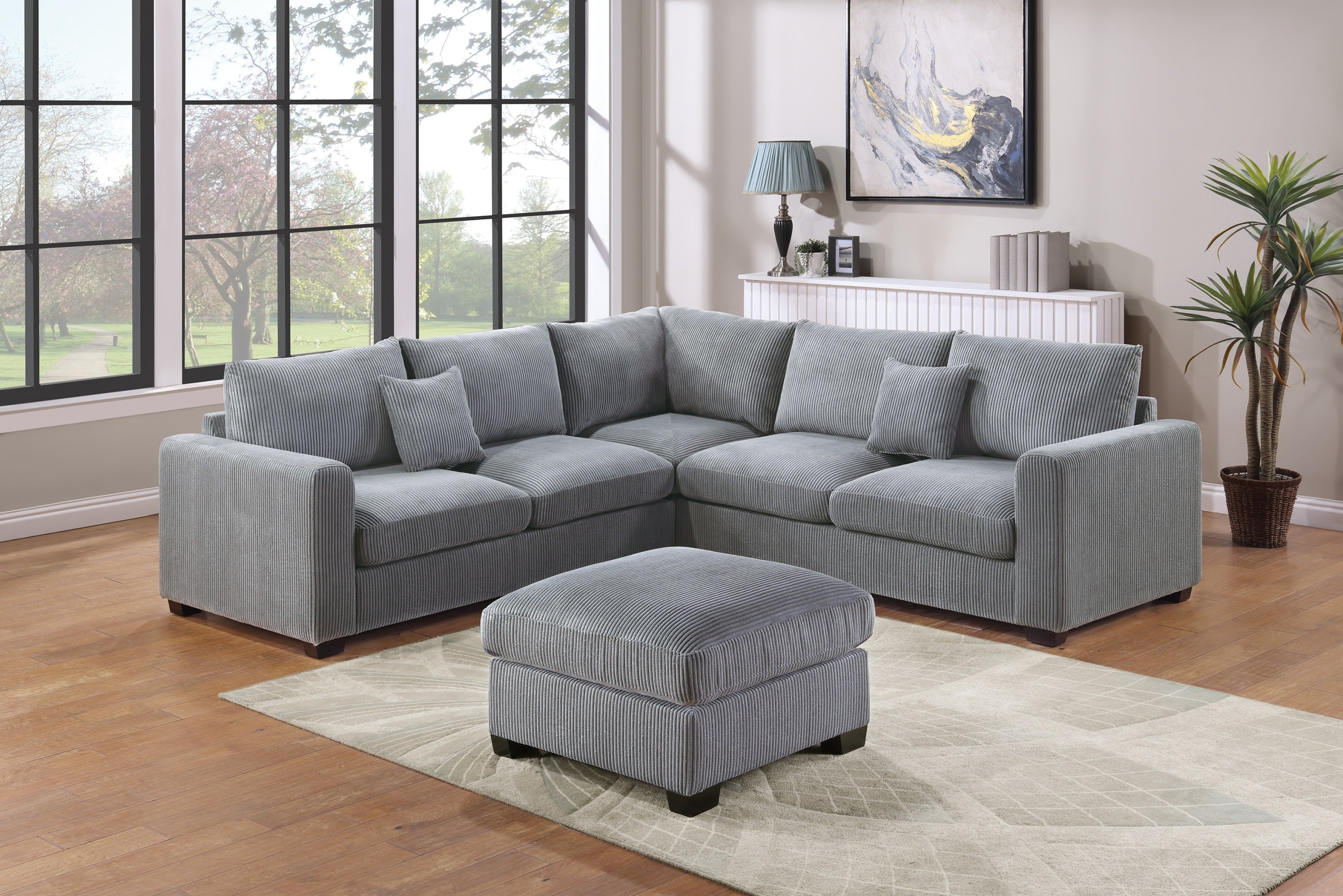 L-Sectional Sofa Corduroy Fog 4pc Set Living Room Couch