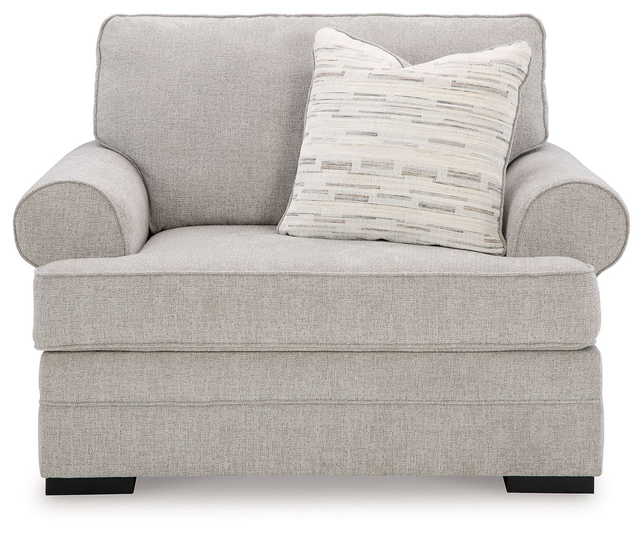 Light gray chair and a half with two rounded arms and striped throw pillow