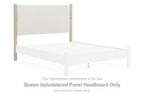 Queen upholstered panel headboard in light fabric with two-tone wood frame