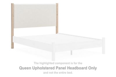 Queen upholstered panel headboard in light fabric with two-tone wood frame