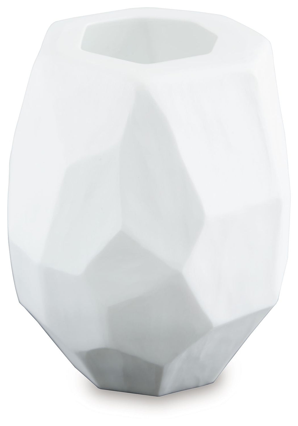 White faceted ceramic vase with open top and geometric faceted sides