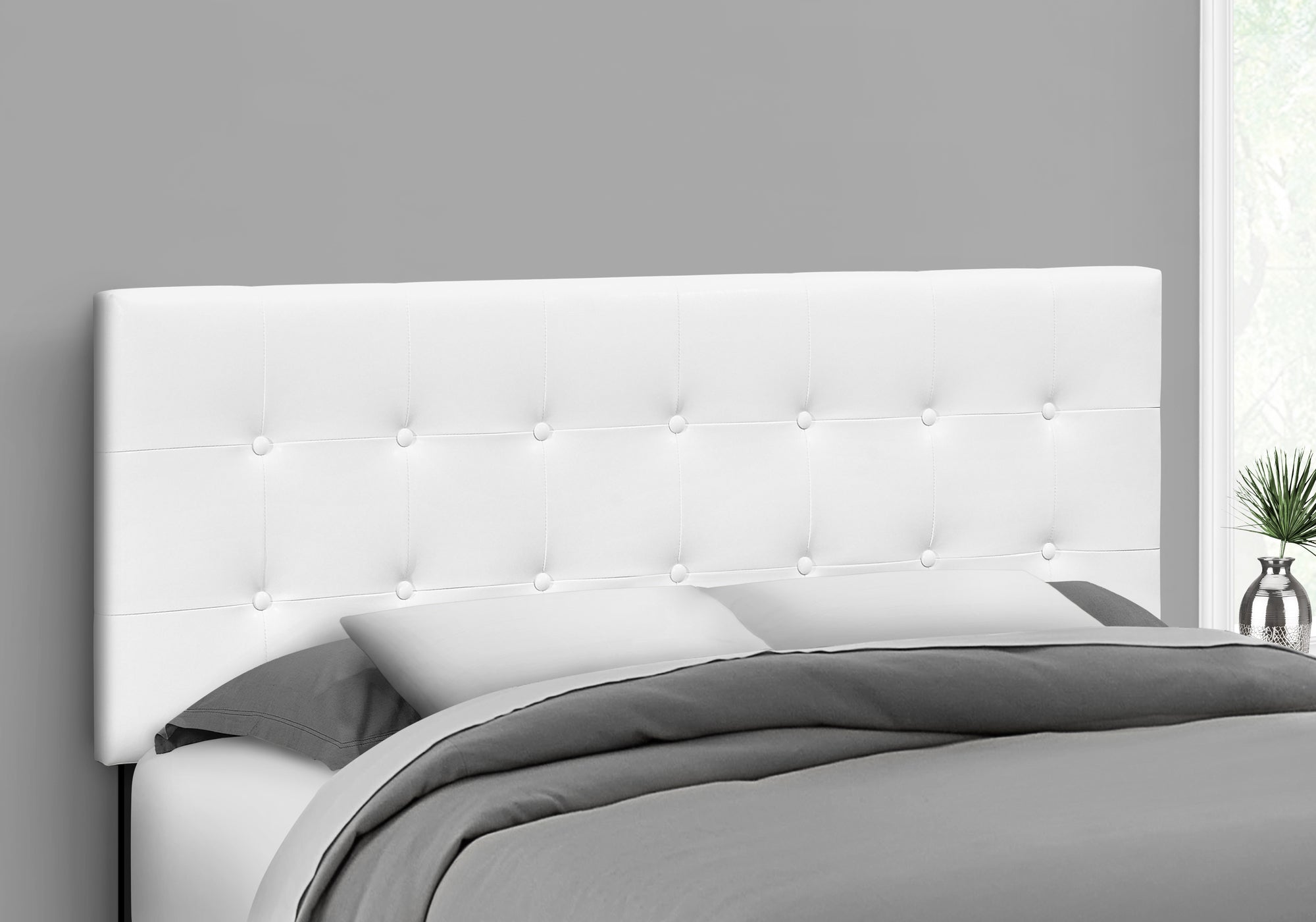 Transitional White Leather Look Queen Upholstered Headboard