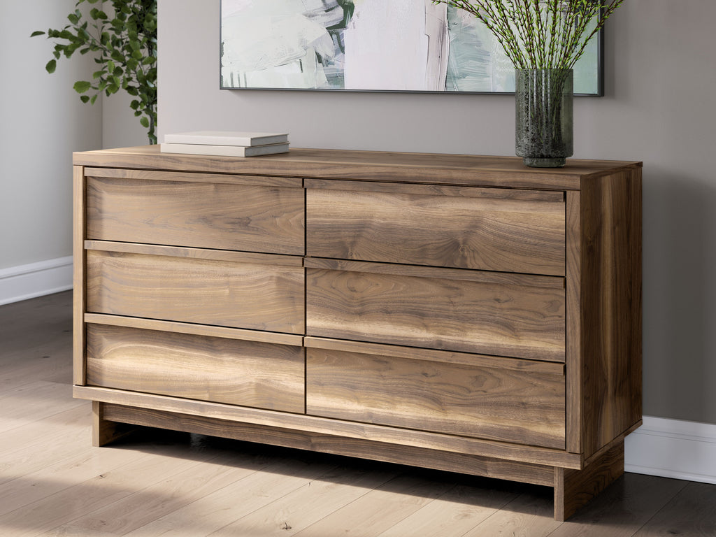 Six-drawer dresser in brown wood with six drawers, styled in a living room