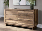 Six-drawer dresser in brown wood with six drawers, styled in a living room